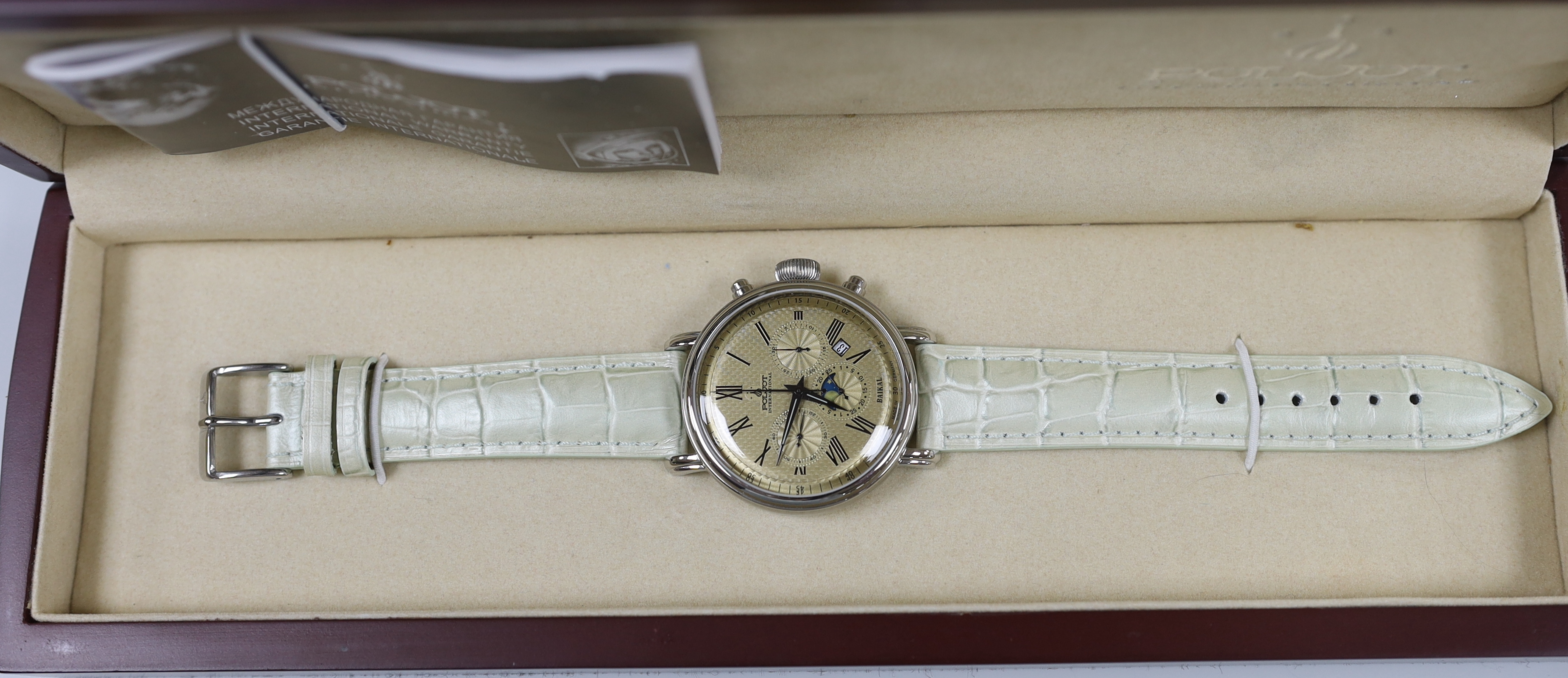 Four gentleman's assorted boxed modern Poljot International wrist watches including automatic chronograph and manual wind calendar moon phase chronograph.